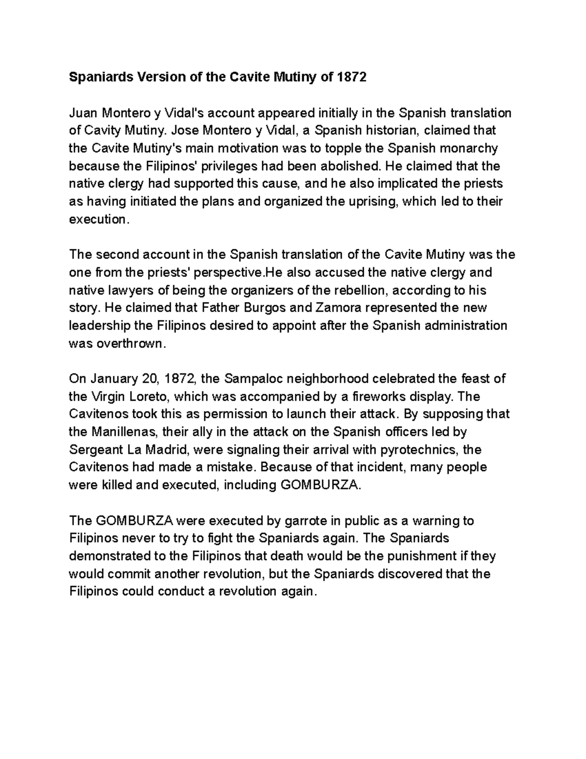 Spaniards Version of the Cavite Mutiny of 1872 Jose Montero y Vidal