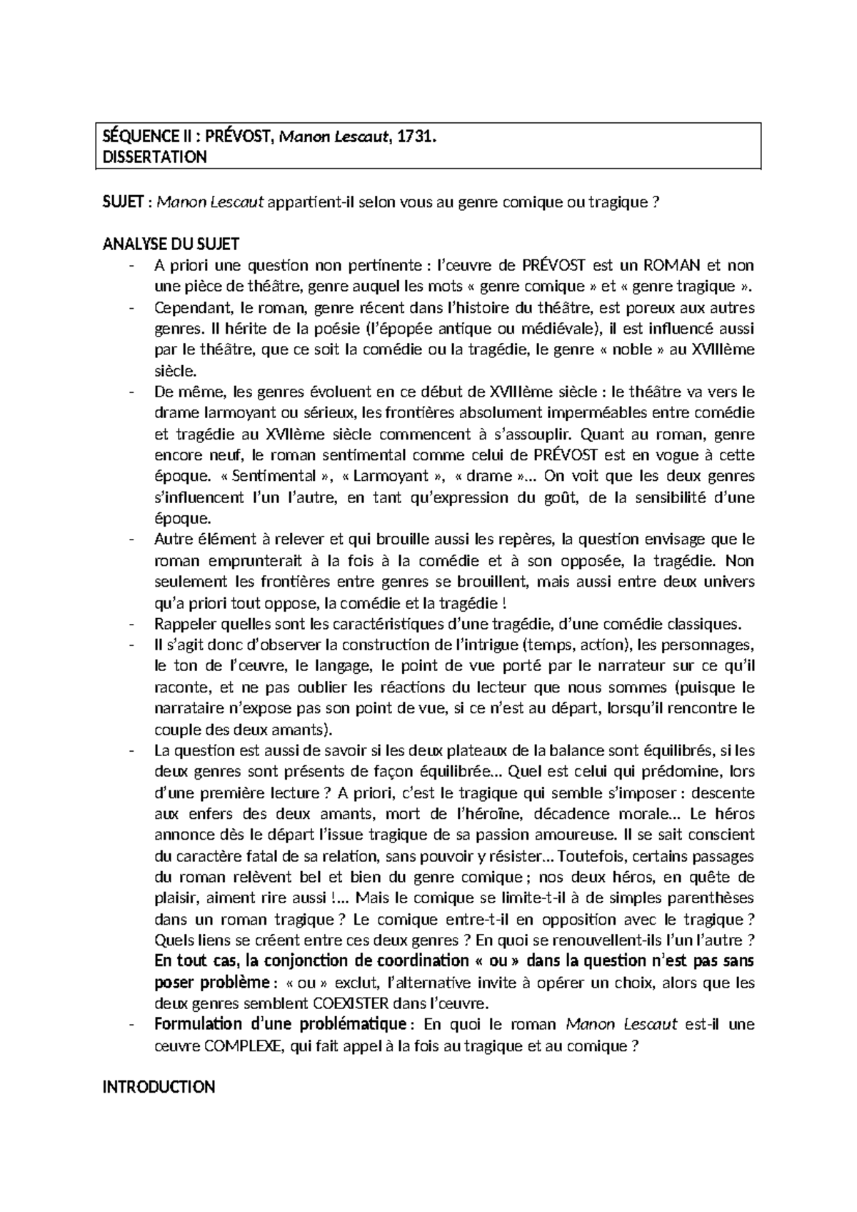 dissertation sujet manon lescaut