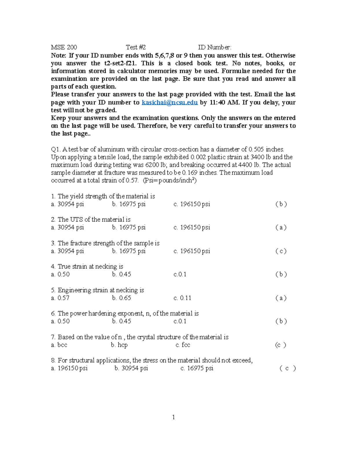 T2set 1f21key Test 2 MSE 200 Test 2 ID Number Note If your ID