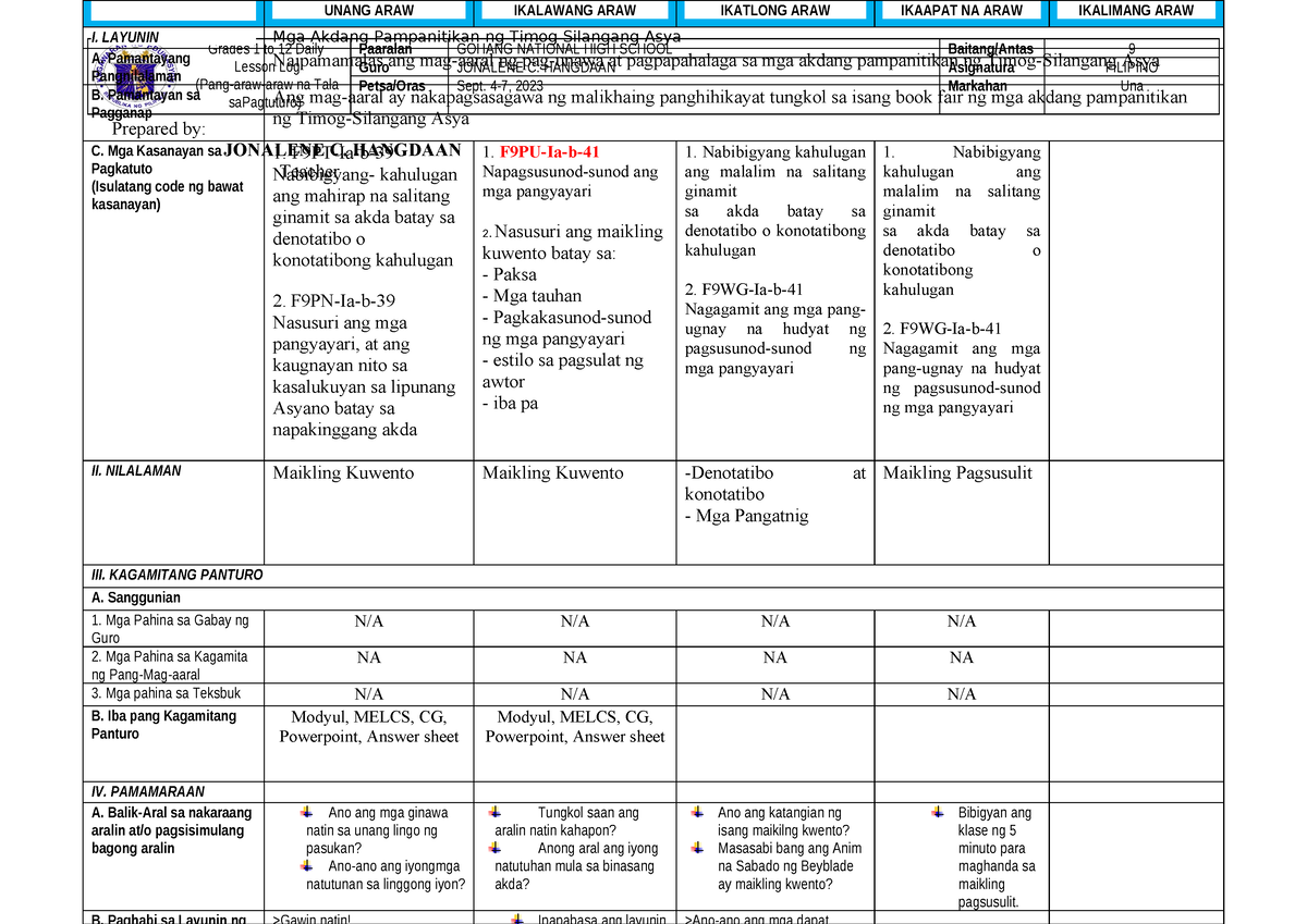 DLL 9 Q1 W1 - Lesson Plan For Filipino - Prepared By: JONALENE C ...