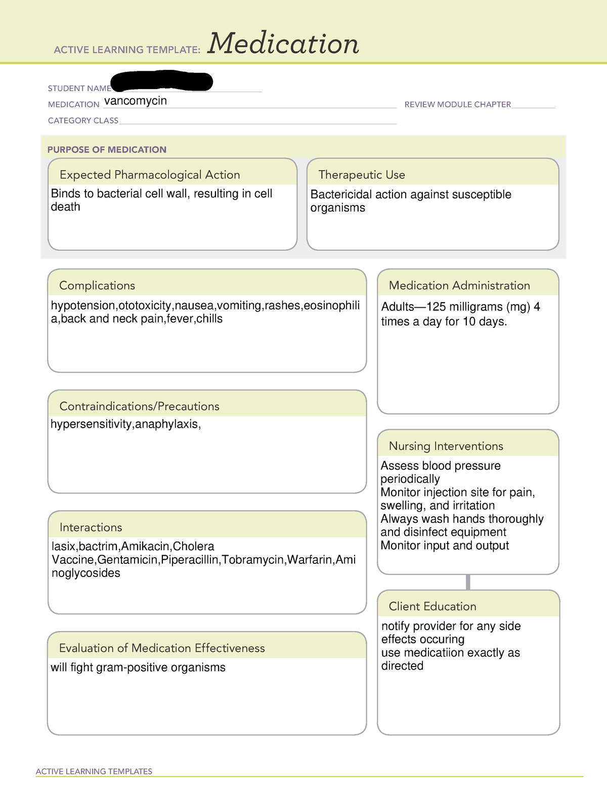 Med card vanco ACTIVE LEARNING TEMPLATES Medication