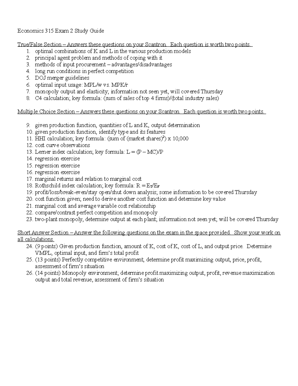 Summer 2018 Exam 2 Study Guide - Economics 315 Exam 2 Study Guide ...