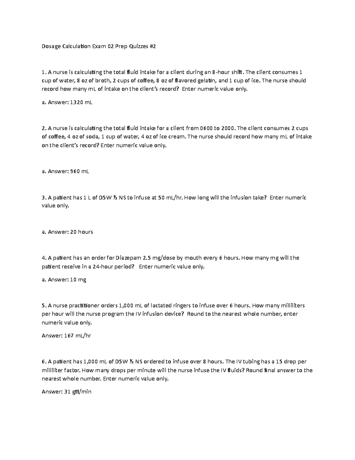 Dosage calculation Exam 2 prep quiz #2 LPN version - Dosage Calculation ...