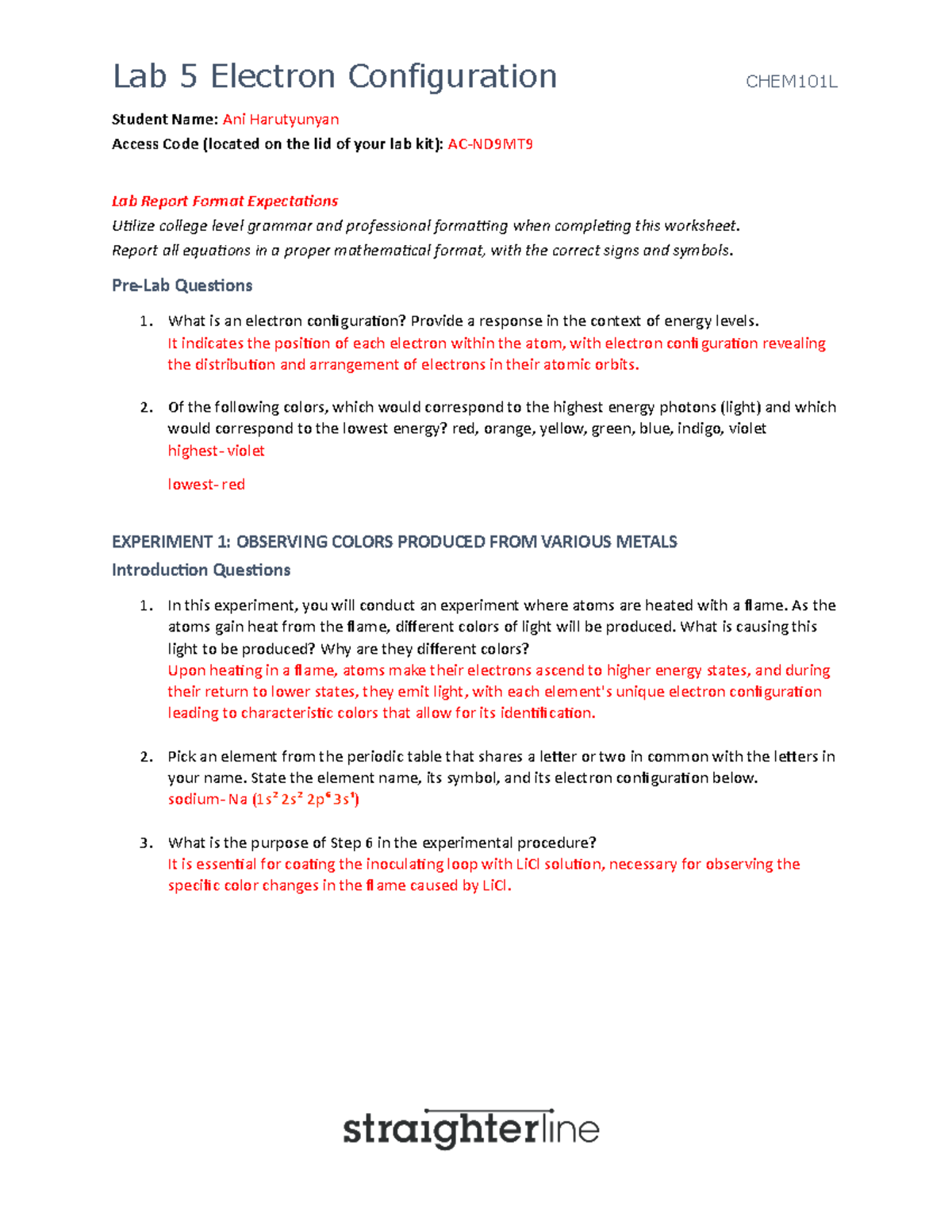 CHEM101L Lab 5 F - Straighterline - Lab 5 Electron Configuration ...