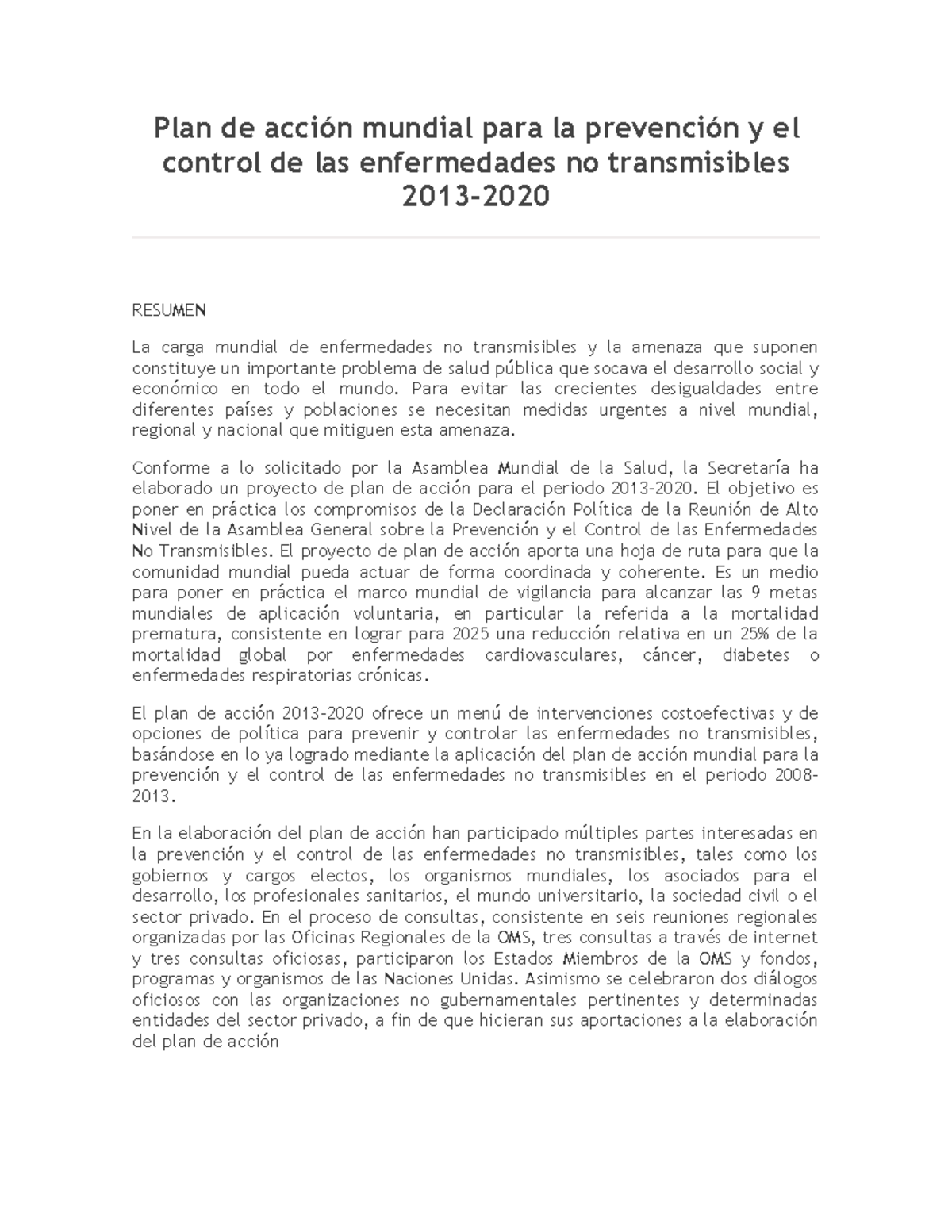 Plan De Acción Mundial Para La Prevención Y El Control De Las ...