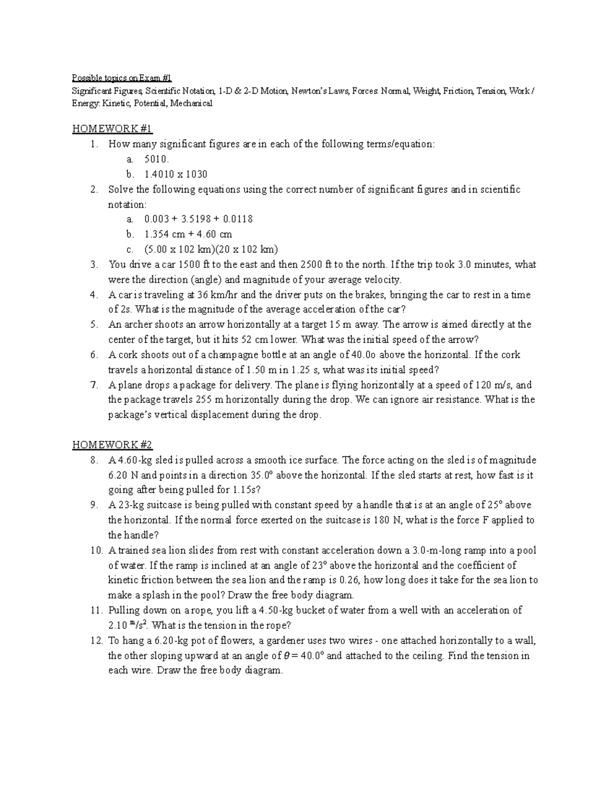 Exam #1 WS - Exam #1 practice problems, first half of semester topics ...