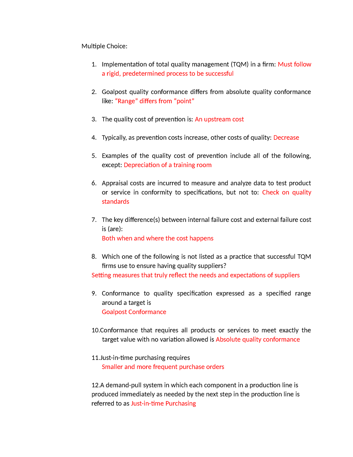 MCQ 1 - Practice Material - Multiple Choice: 1. Implementation Of Total ...