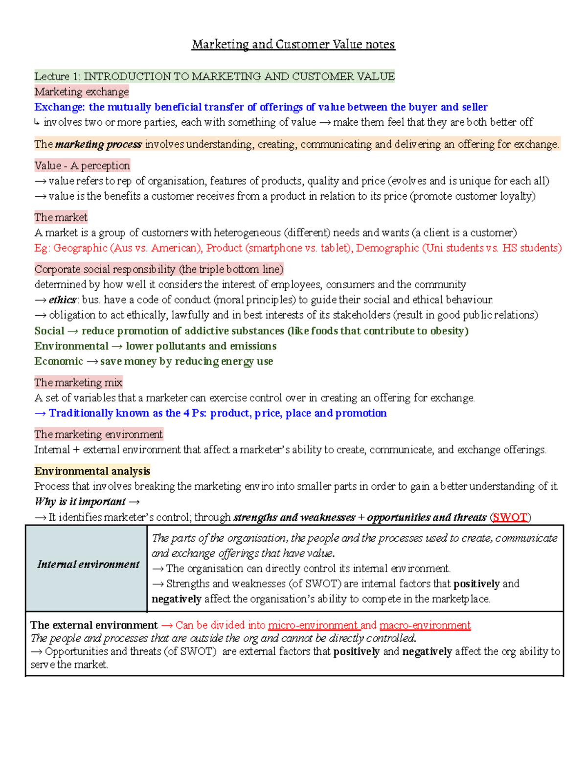 Marketing and Customer Value notes - Marketing and Customer Value notes ...