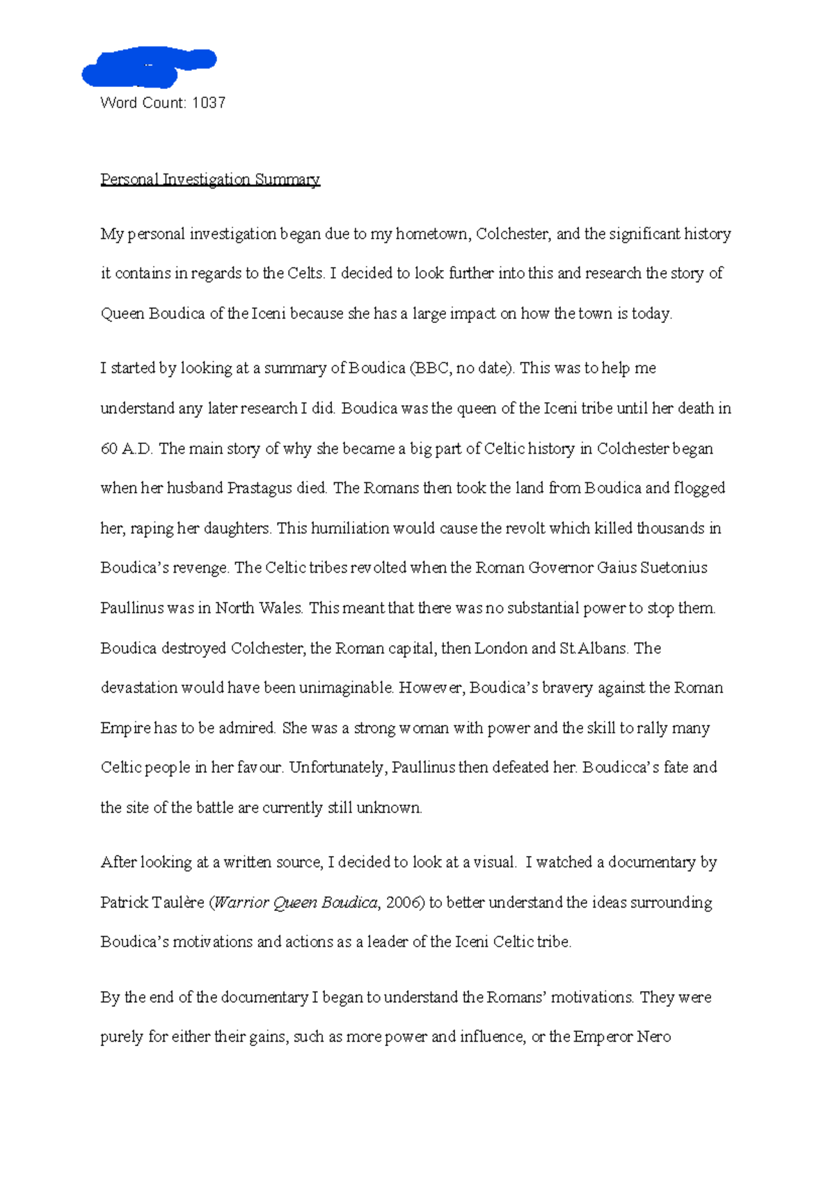 Personal Investigation Summary - 383852 Word Count: 1037 Personal ...