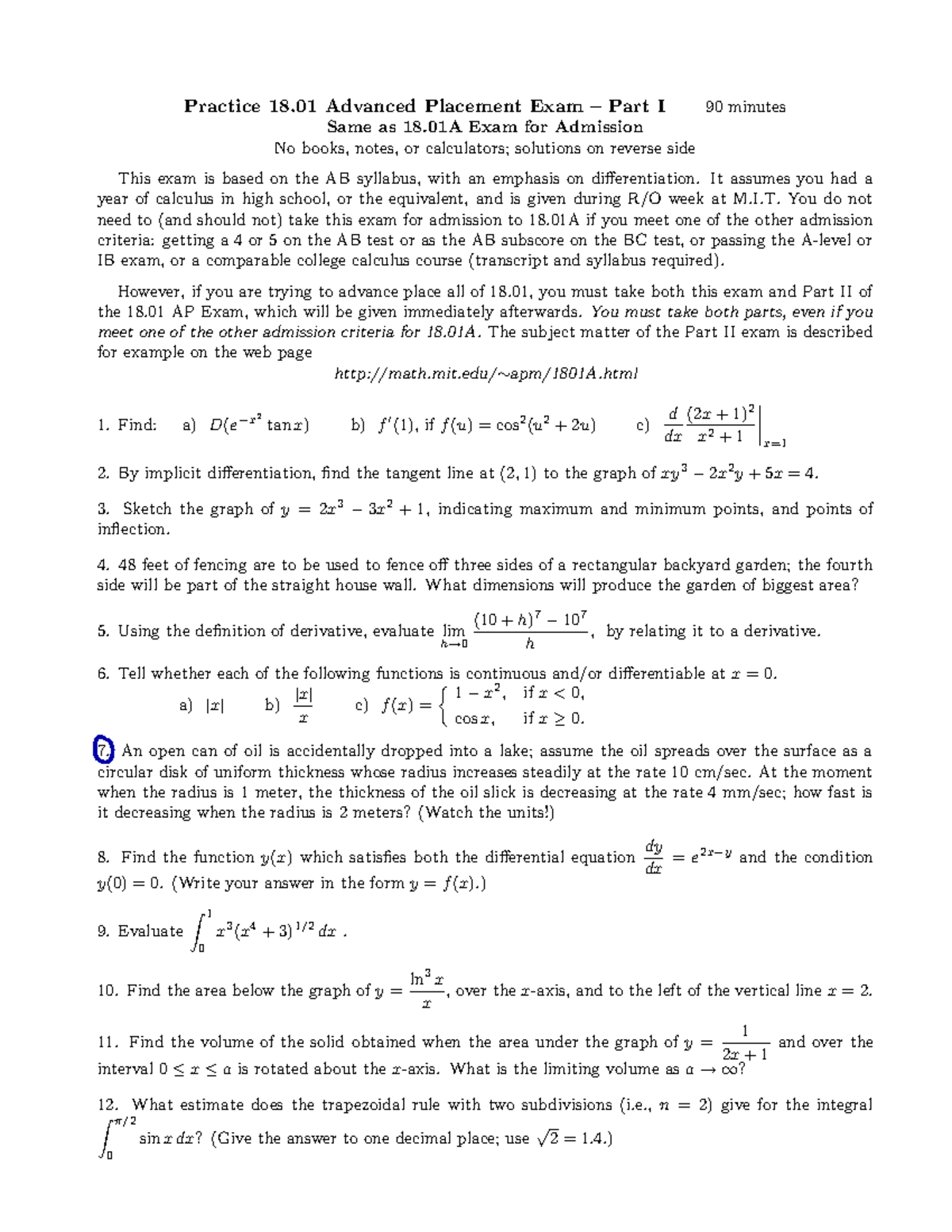 18.01 Standing Exams - Practice 18 Advanced Placement Exam – Part I 90 ...