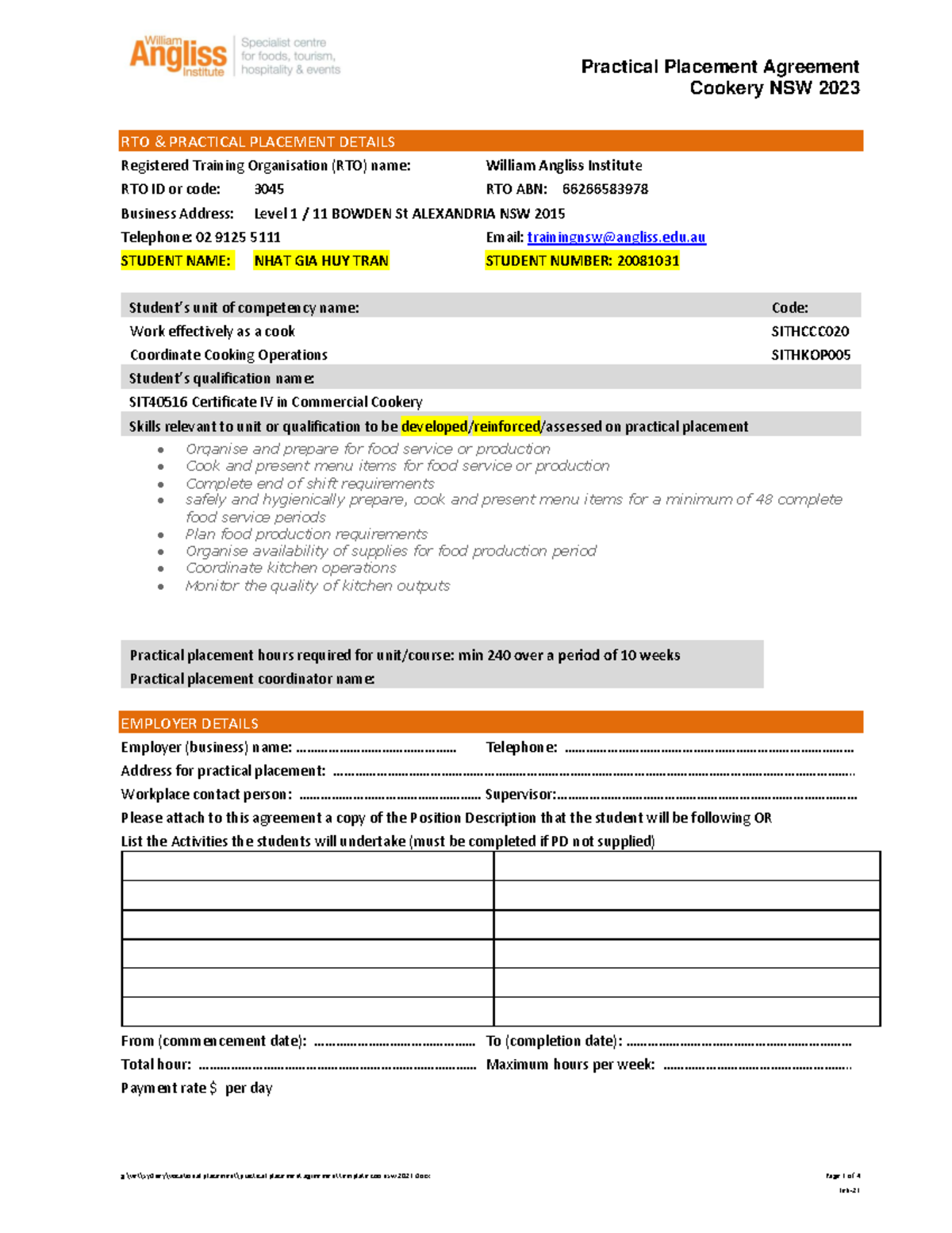 Practical placement agreement template coo nsw 2023 cookery nsw 2023
