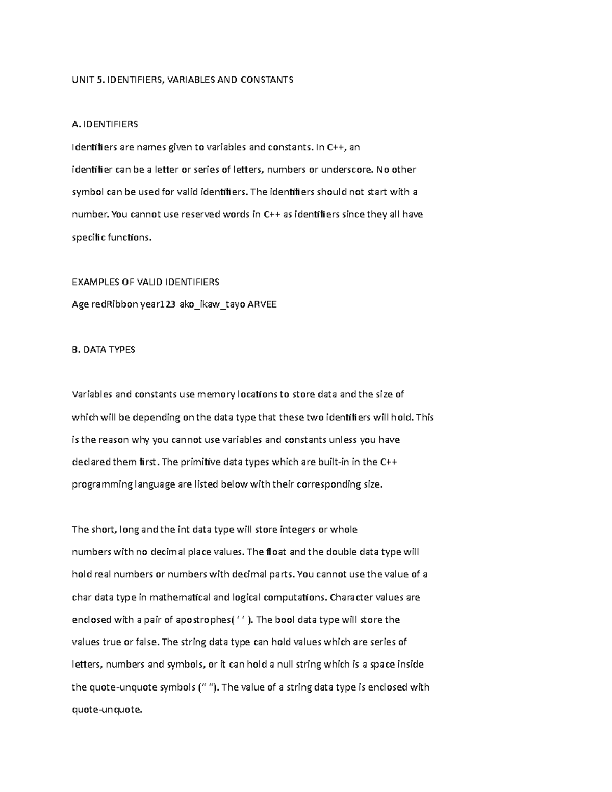 UNIT 5. Identifiers, Variables AND Constants - UNIT 5. IDENTIFIERS ...