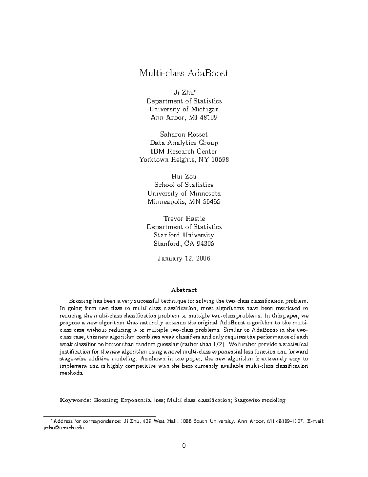 Ada Boost Samme - Summary - Multi-class AdaBoost Ji Zhu∗ Department of ...