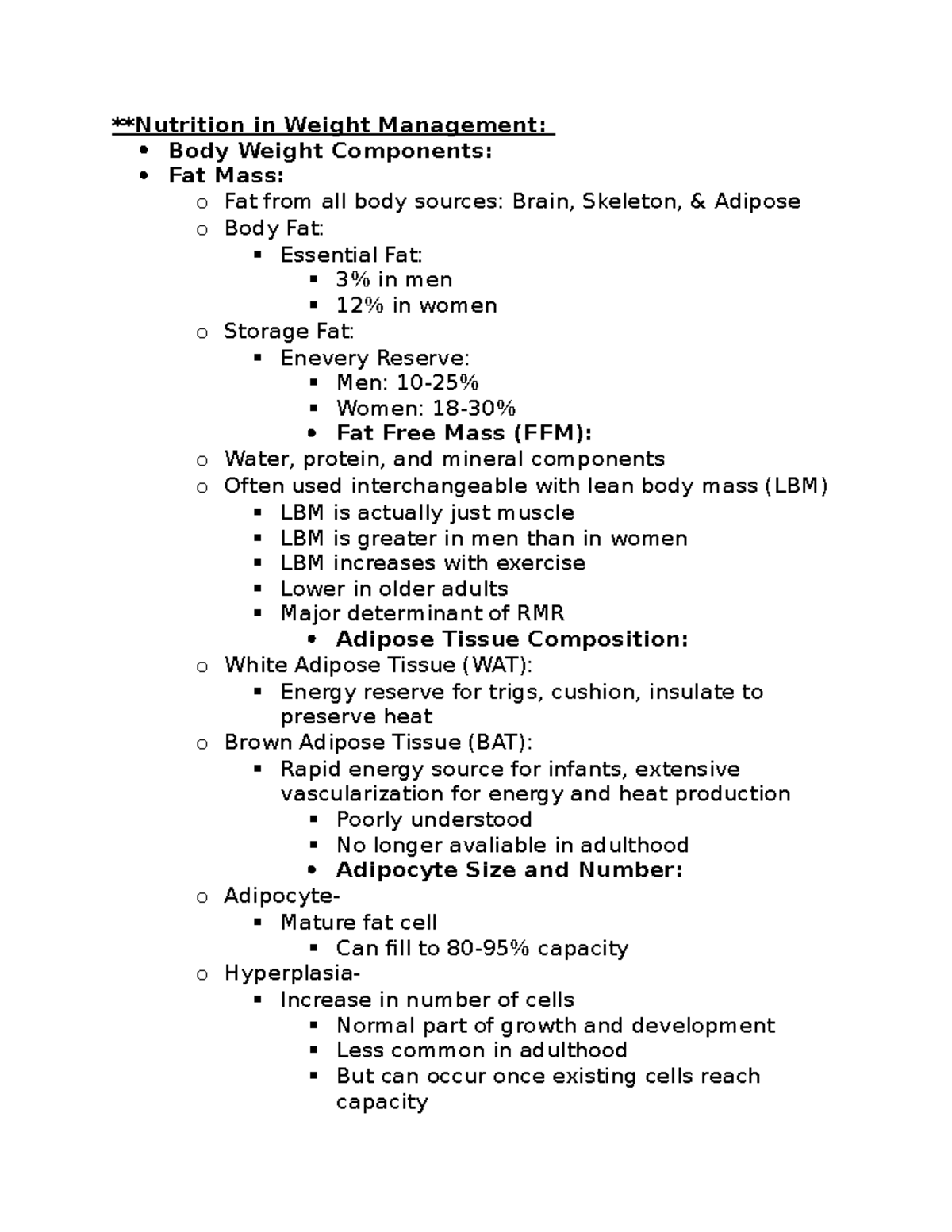 Study guide - obesity&diabetes - **Nutrition in Weight Management: Body ...