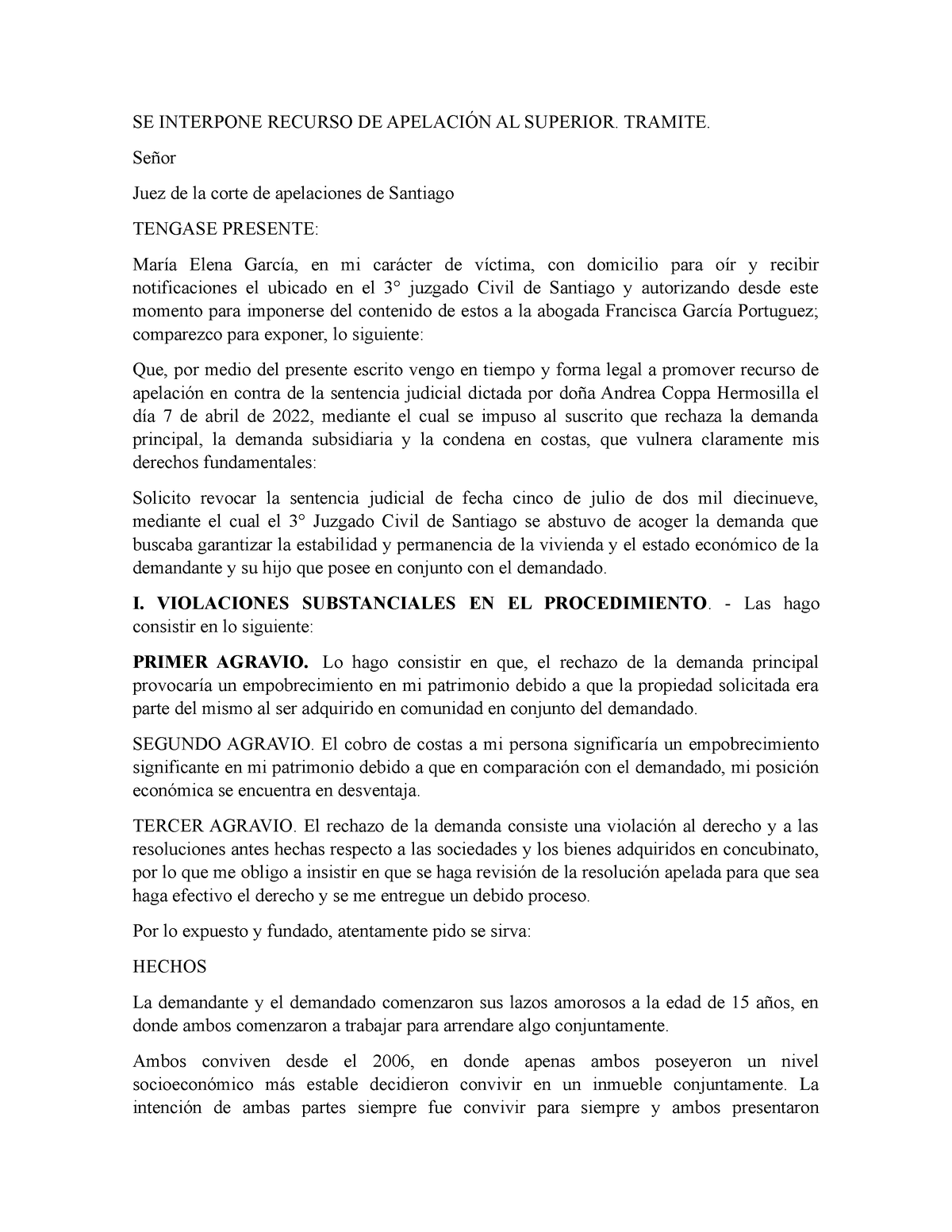 Recurso de apelacion - modelo - SE INTERPONE RECURSO DE APELACIÓN AL  SUPERIOR. TRAMITE. Señor Juez - Studocu