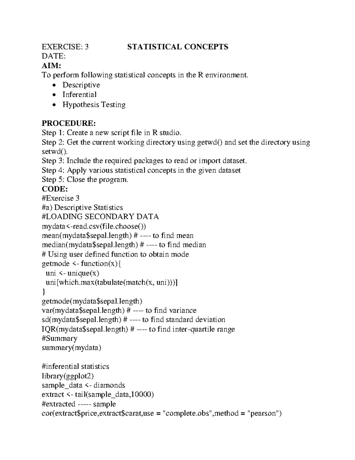 R Lab remaining - sample - EXERCISE: 3 STATISTICAL CONCEPTS DATE: AIM ...