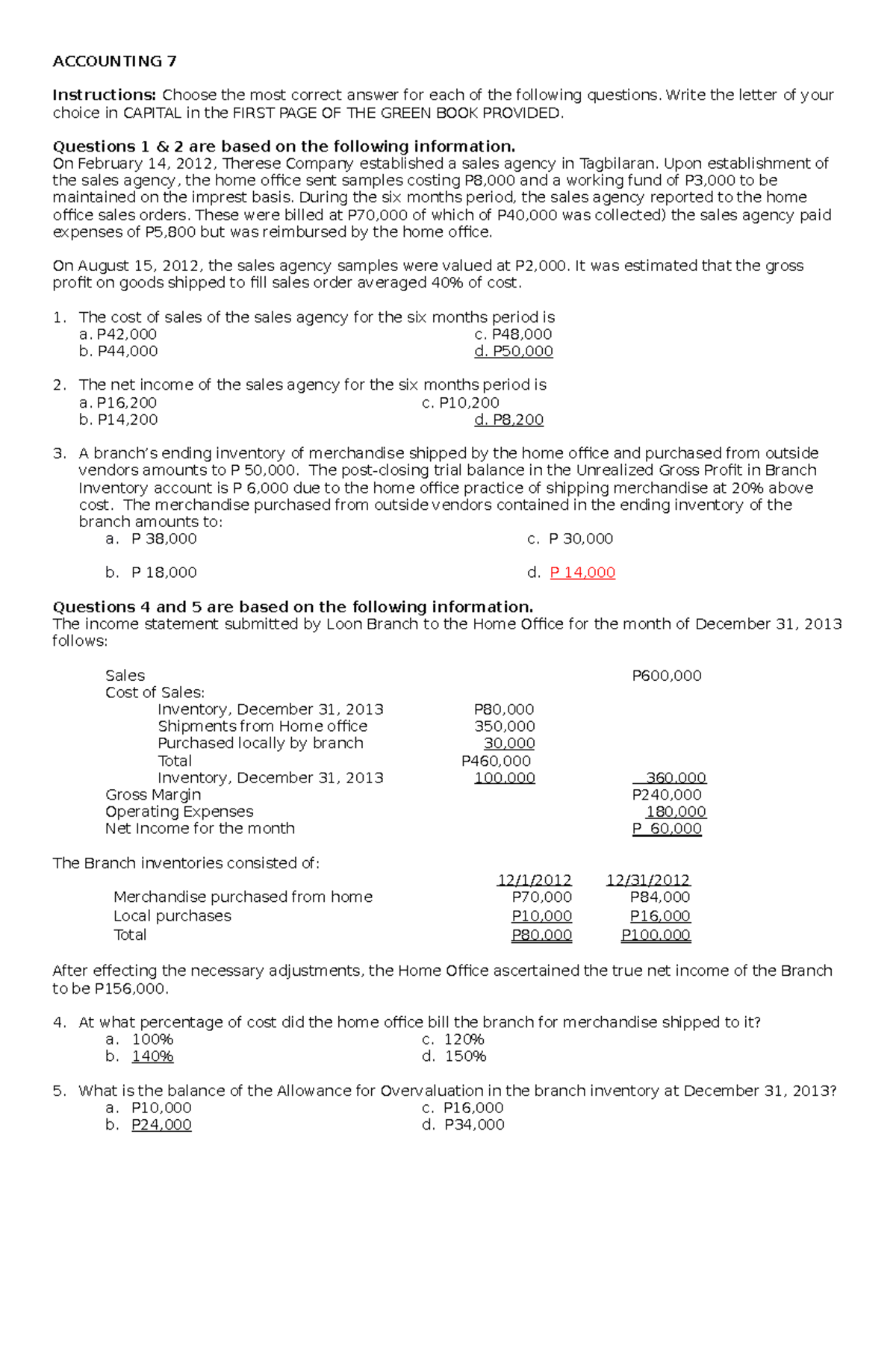 Branch Accounting - ACCOUNTING 7 Instructions: Choose the most correct ...