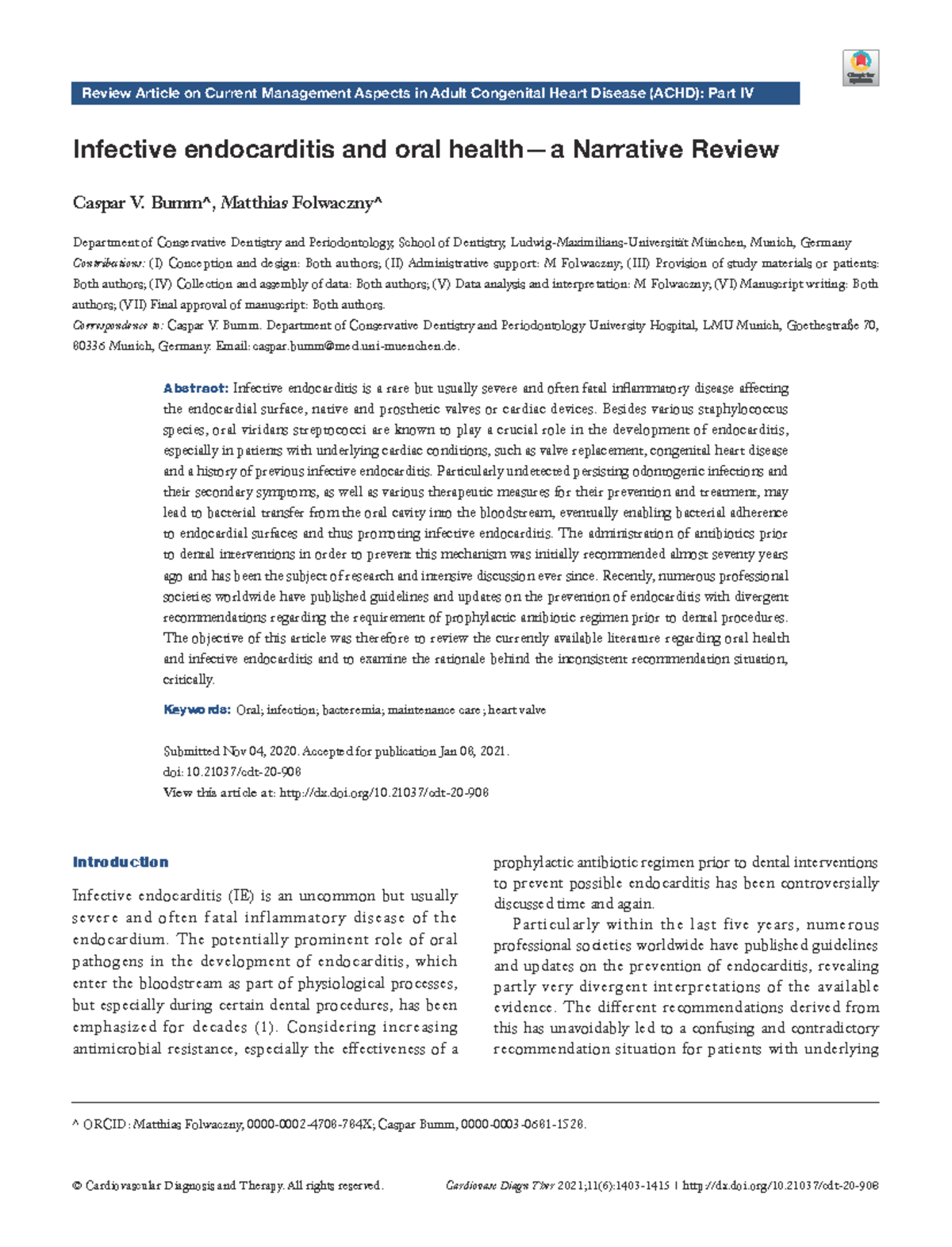 Infective endocarditis and oral health—a Narrative Review ...