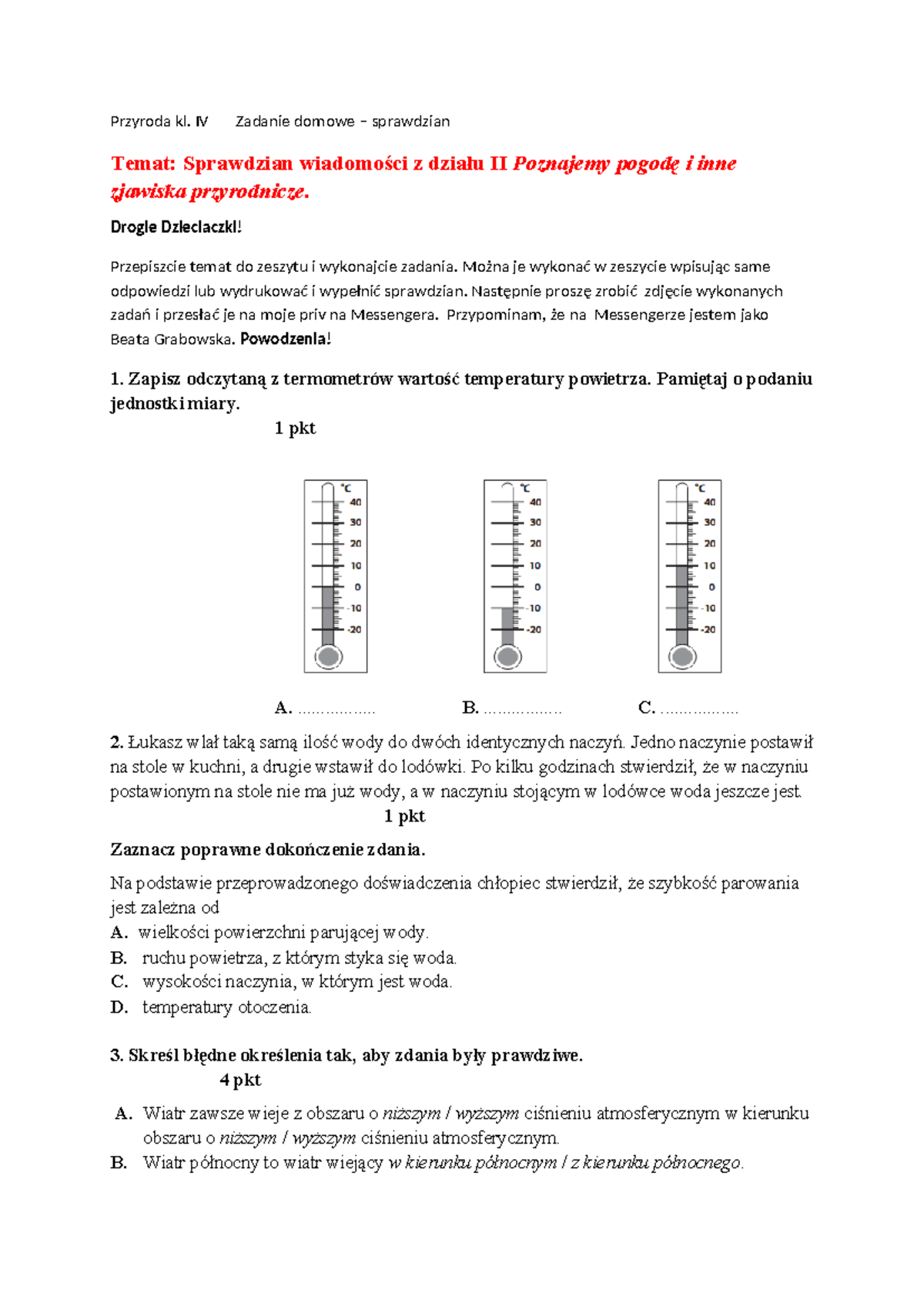 Przyroda klasa iv sroda 04112020 - Przyroda kl. IV Zadanie domowe