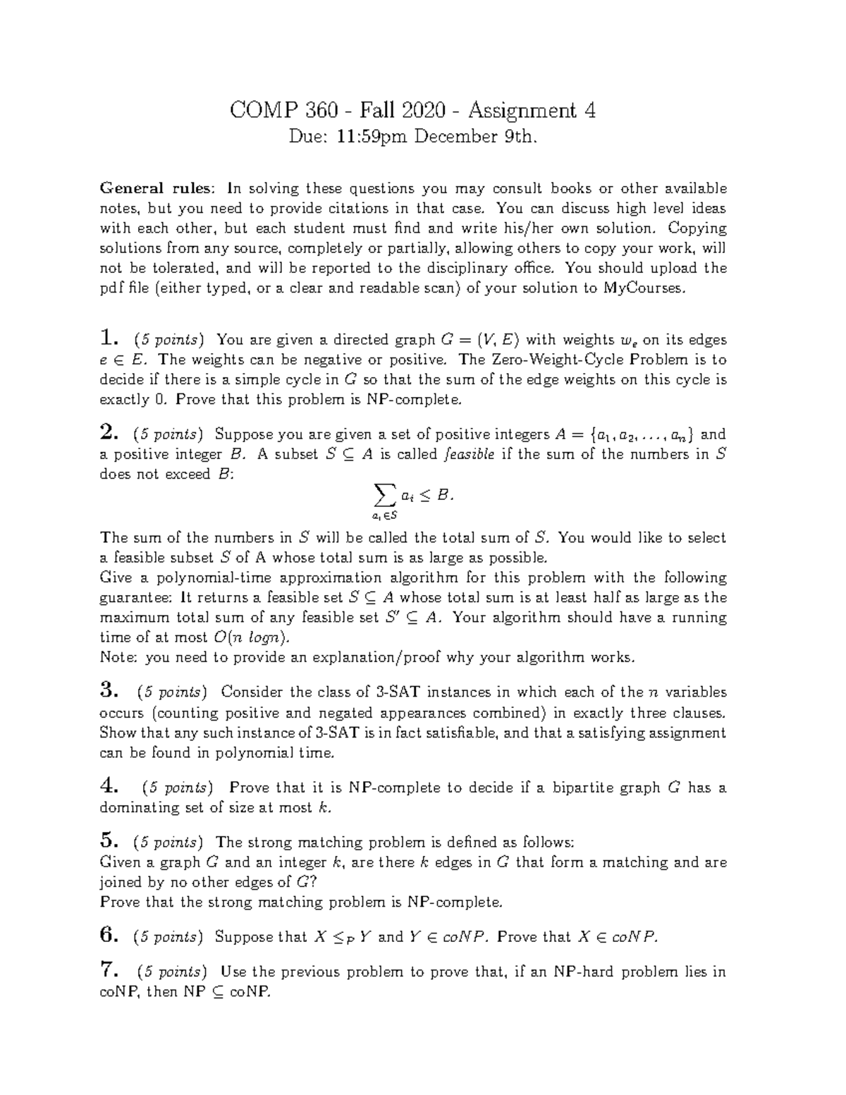 Assignment 4 - Questions - COMP 360 - Fall 2020 - Assignment 4 Due: 11 ...