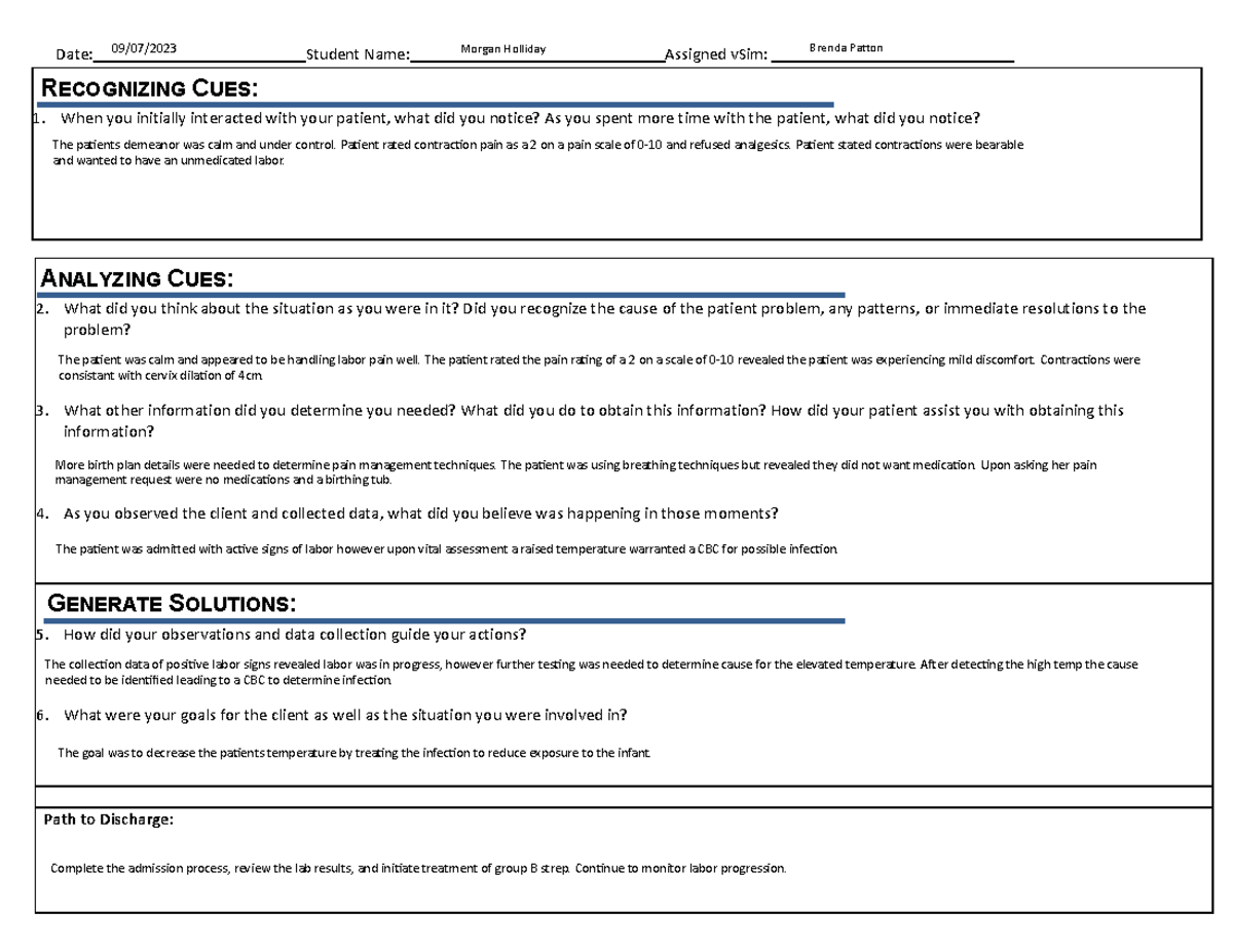 Post Sim BP - Post Sim - Date: Student Name: Assigned vSim: RECOGNIZING ...
