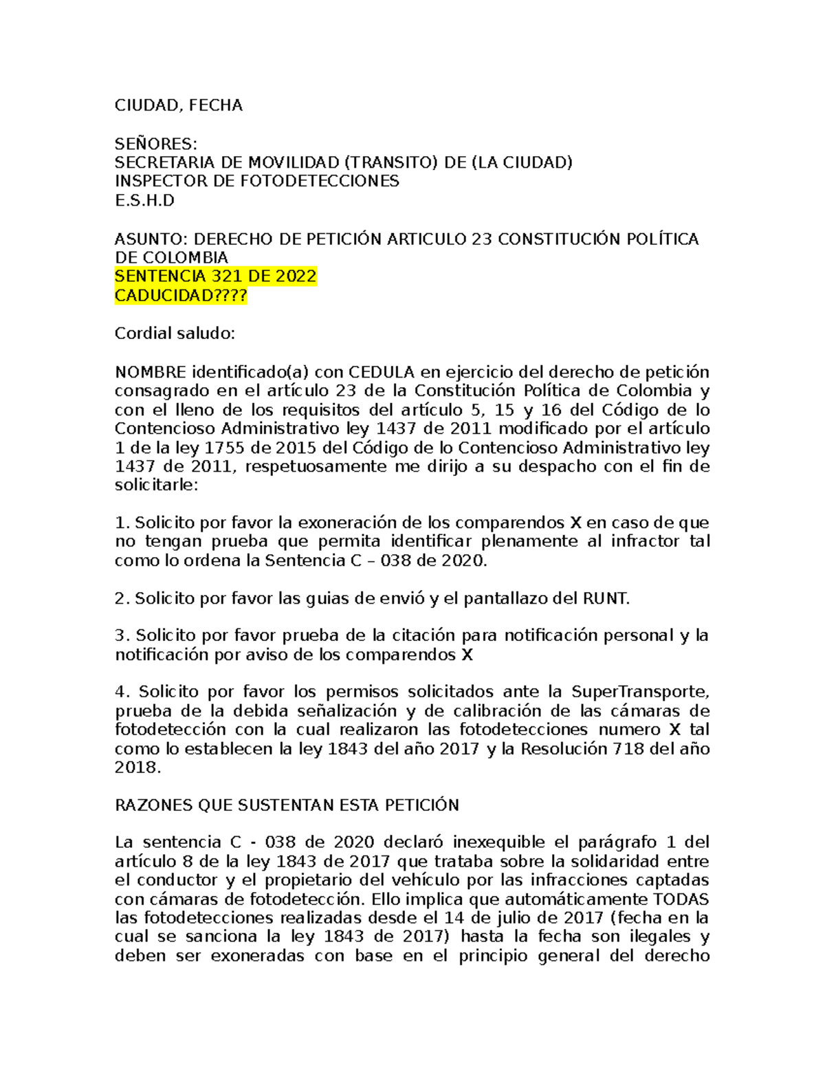 Petición Fotomultas C-038 20 - CIUDAD, FECHA SEÑORES: SECRETARIA DE