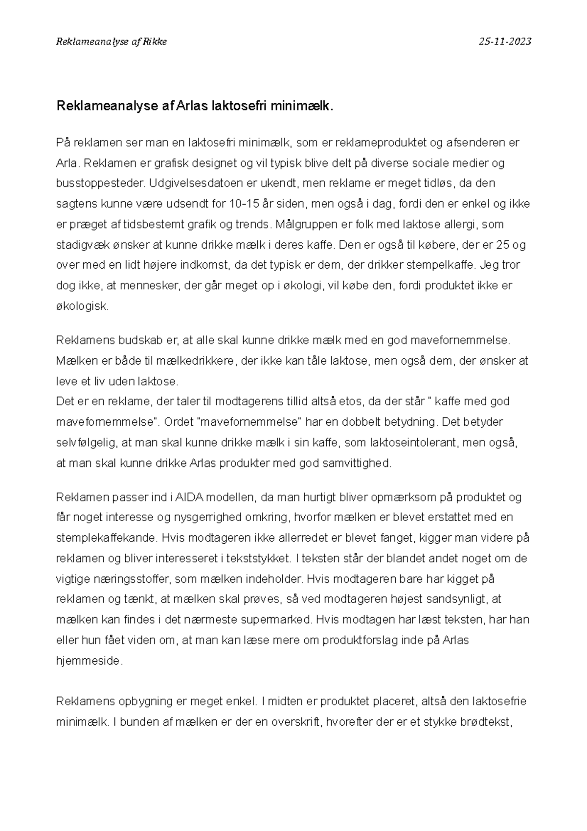 Reklameanalyse af Arla laktosefri mælk På reklamen ser man en