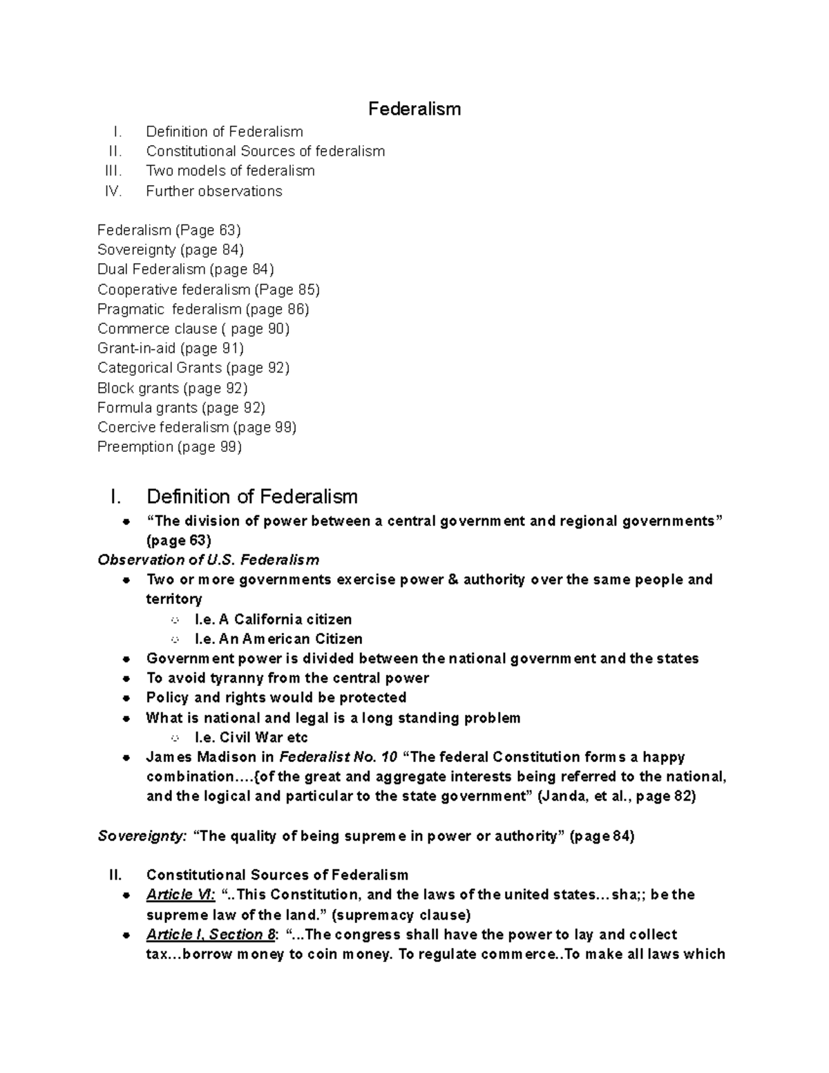 Week 4 political notes - Federalism I. Definition of Federalism II ...