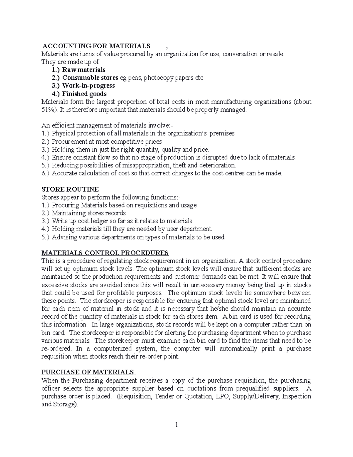 Accounting FOR Material ACCOUNTING FOR MATERIALS , Materials are