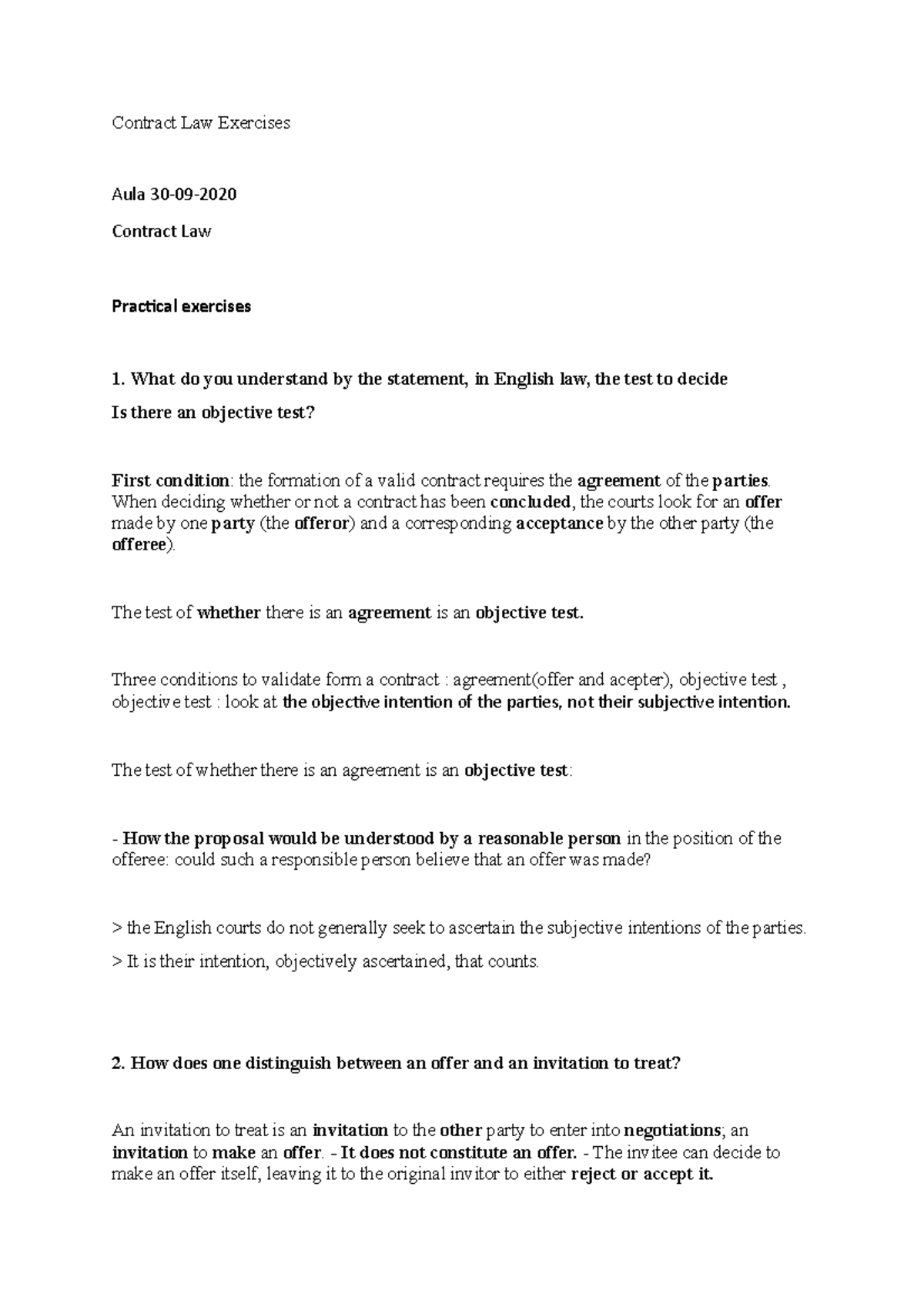 Contract Law Exercises Contract Law Exercises Aula 3009 Contract