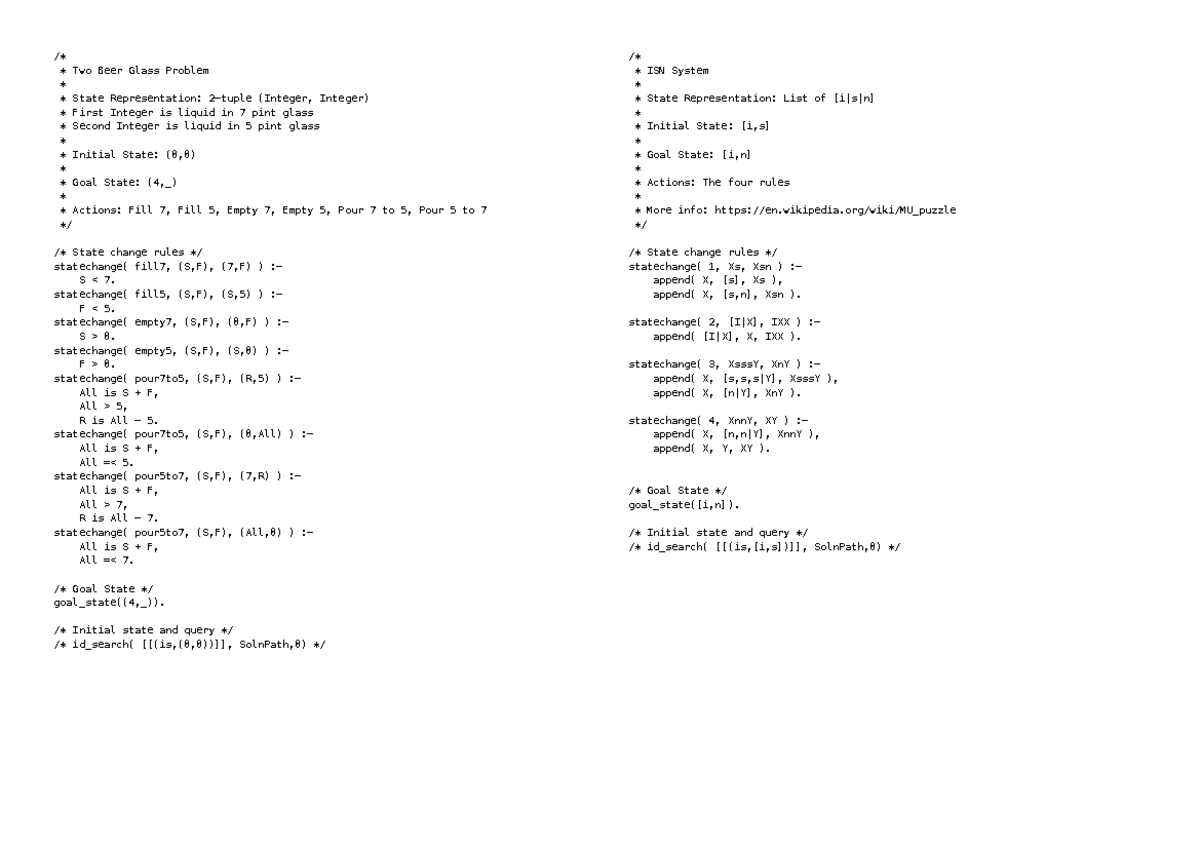 Tutorial 2 - Answers - /* Two Beer Glass Problem State Representation ...