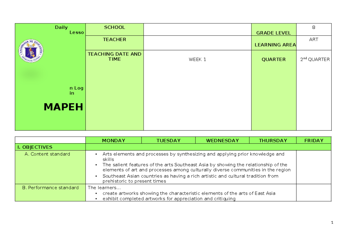 Q2 Grade 8 Arts DLL Week 1 - Daily Lesso n Log in MAPEH SCHOOL GRADE ...