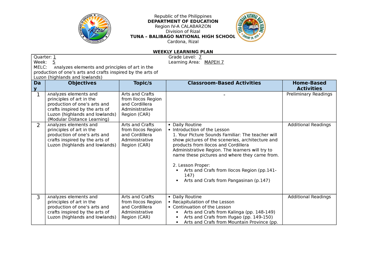 WLP- Mapeh 7-Q1W5 - WLP - Republic of the Philippines DEPARTMENT OF ...