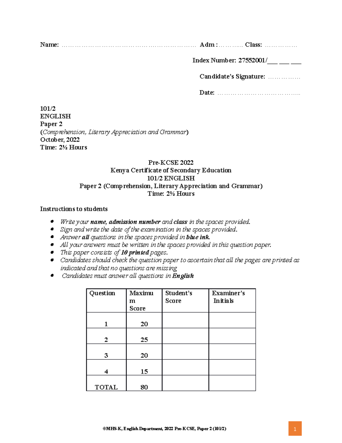 Pre-kcse Paper 2 - English - Name