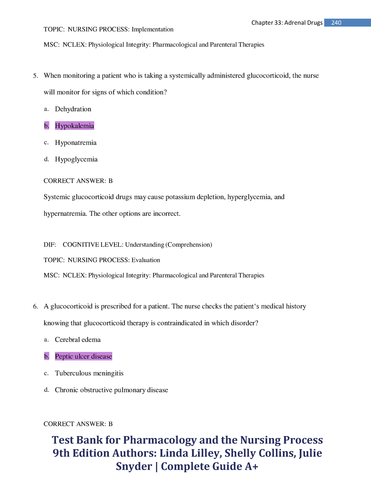 Pharmacology AND THE Nursing Process-73 - CORRECT ANSWER: B Test Bank ...