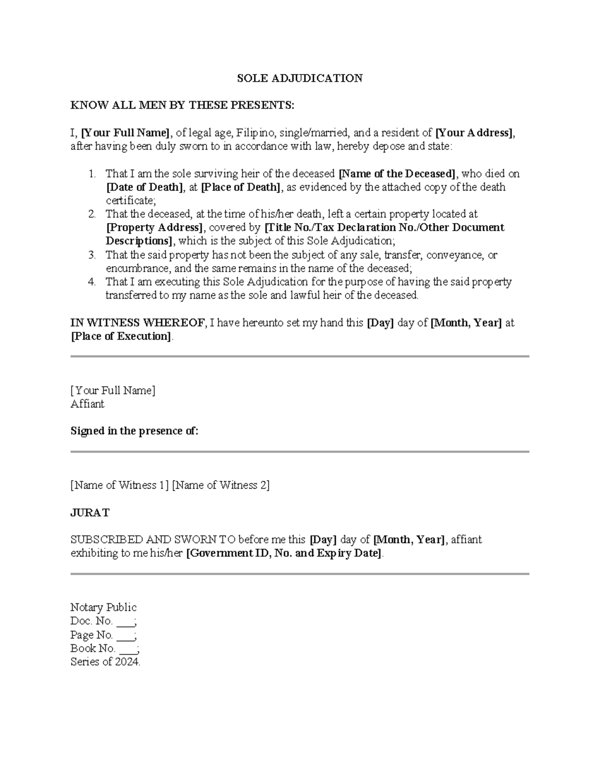 SOLE Adjudication - SOLE ADJUDICATION KNOW ALL MEN BY THESE PRESENTS: I ...