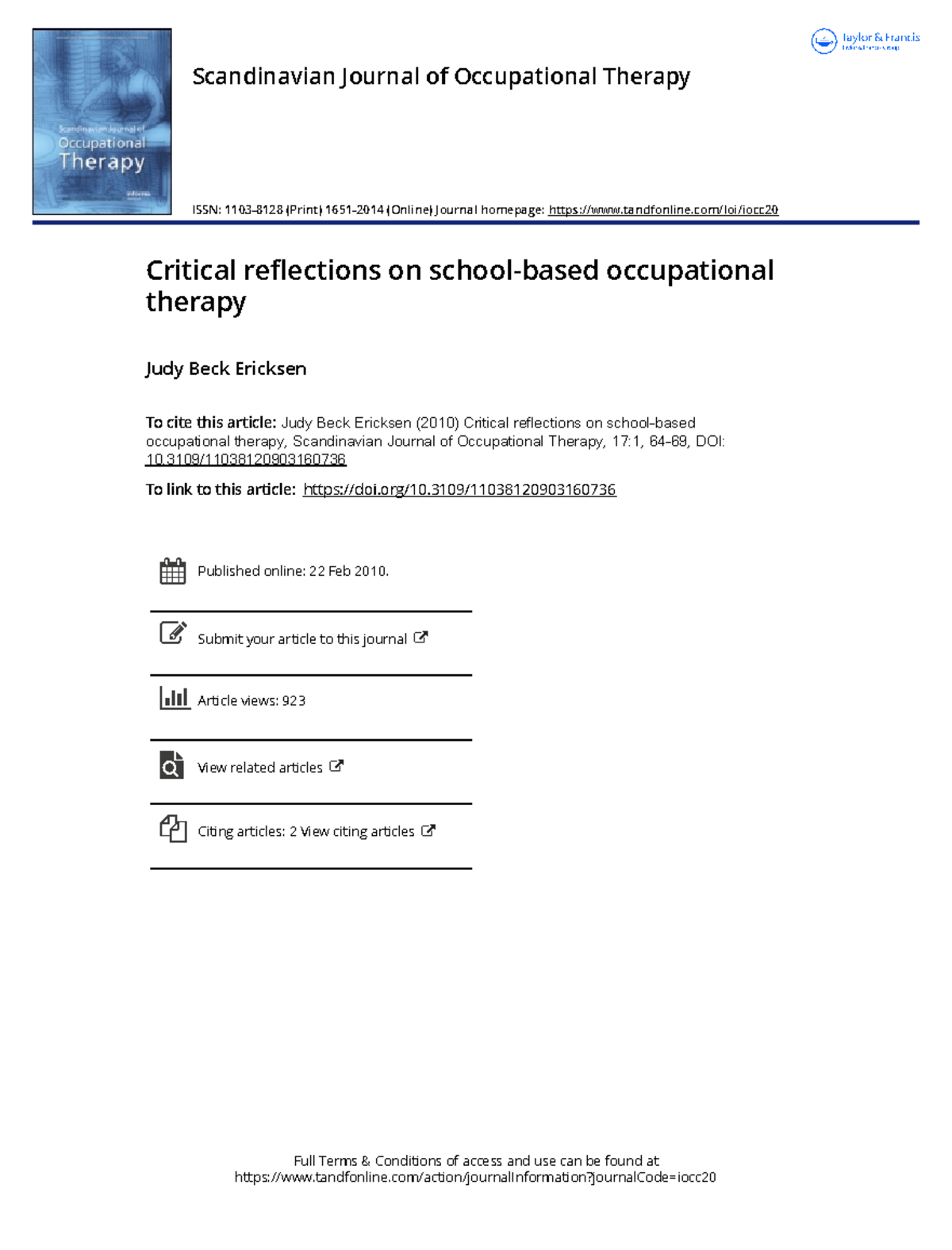 Critical reflections on school based occupational therapy - Full Terms ...