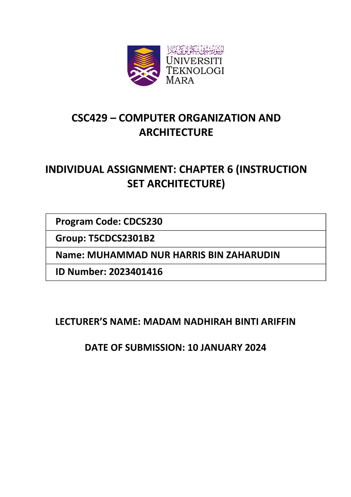 429 Indiv Assignment - CSC429 – COMPUTER ORGANIZATION AND ARCHITECTURE ...