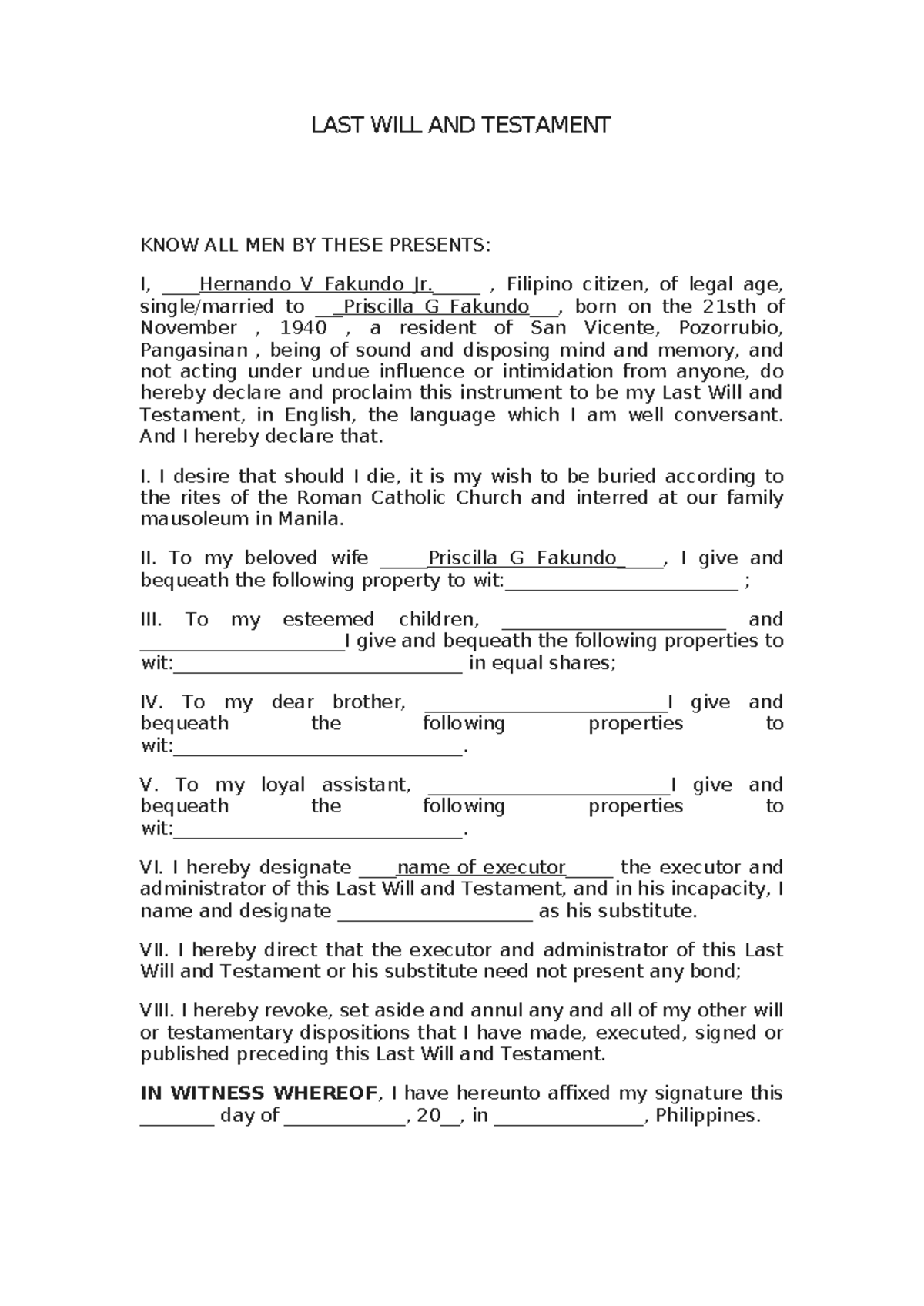 LAST WILL AND Testament - LAST WILL AND TESTAMENT KNOW ALL MEN BY THESE ...