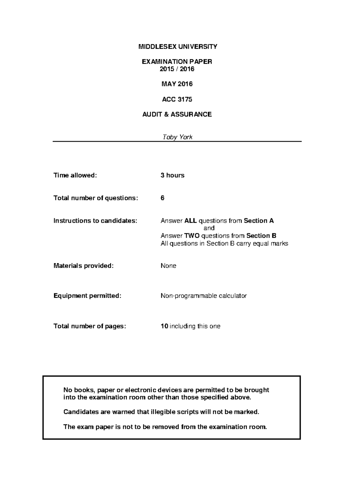 Exam May 2016, questions - MIDDLESEX UNIVERSITY EXAMINATION PAPER 2015 ...