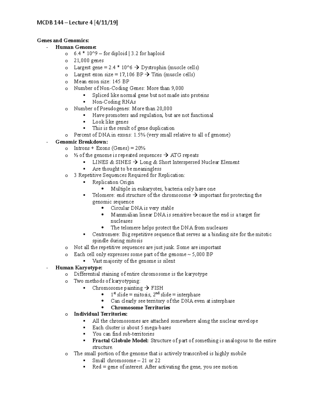 Lecture 4 Notes - Genes and Genomics: - Human Genome: o 6 * 10^9 – for ...