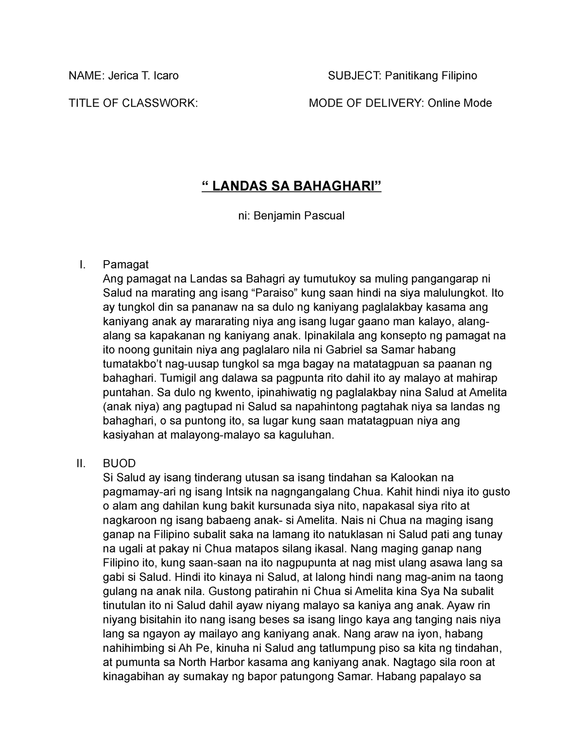 Landas Sa Bahaghari Pagsusuri Ng Maikiling Kwento Name Jerica T Icaro Subject Panitikang 8655