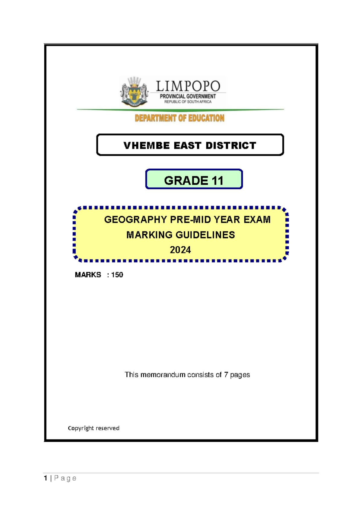 GEOG Grade 11 Pre-June Exam 2024 MG - Copyright reserved MARKS : 150 ...