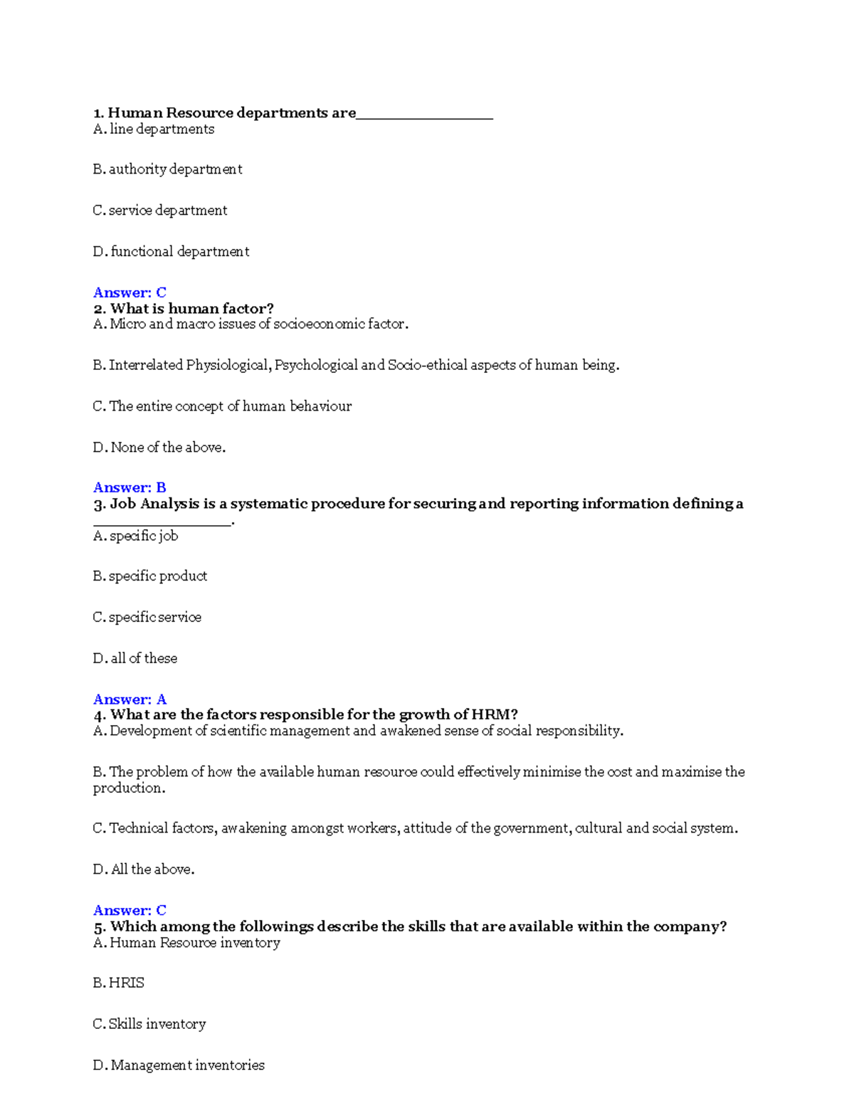 Human Resources ManagementMCQs Human Resource departments are