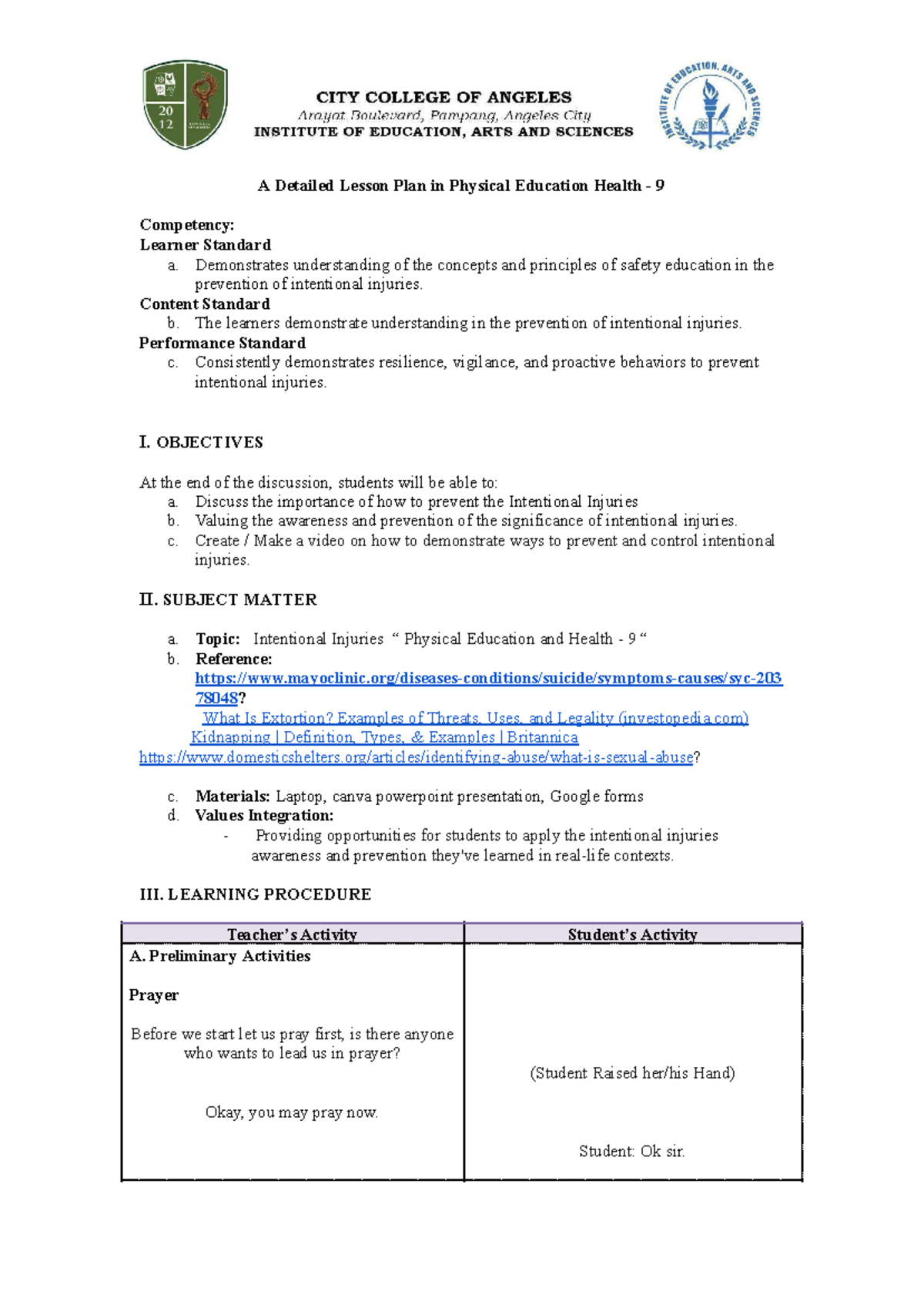 Reymond DLP - final DEMO 1 (1) - A Detailed Lesson Plan in Physical ...