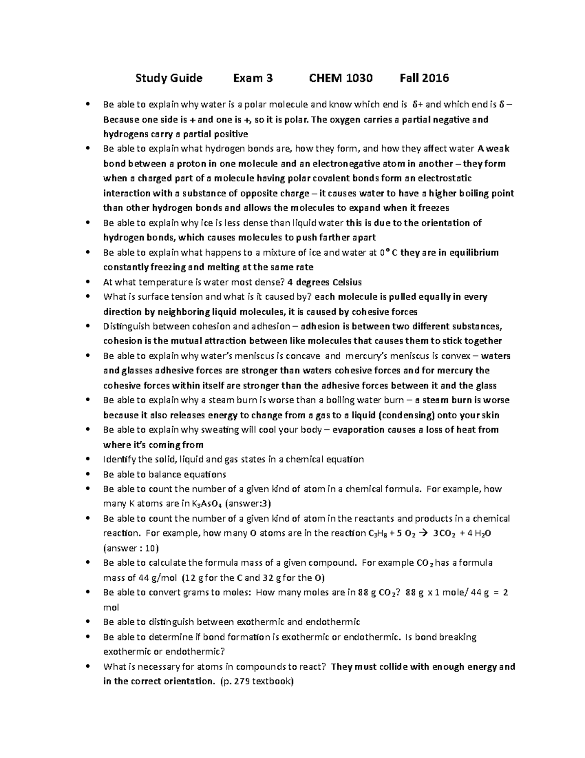 Study Guide Exam 3 CHEM 1030 - Study Guide Exam 3 CHEM 1030 Fall 2016 ...