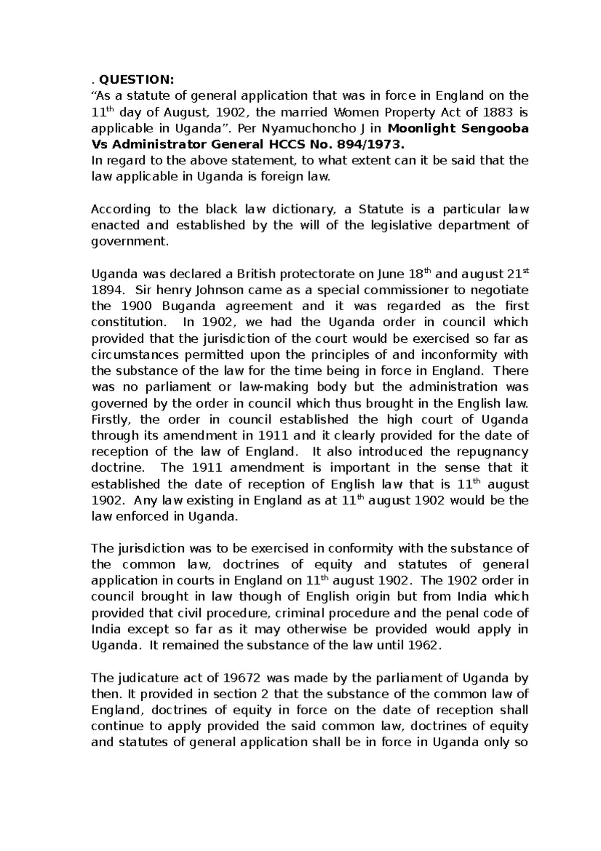 CAT intorduction to law . QUESTION “As a statute of general