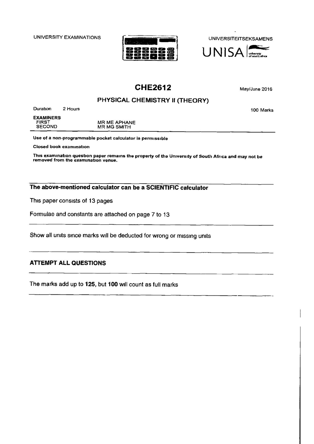 Exam June 2016, questions - CHE2613 - StuDocu