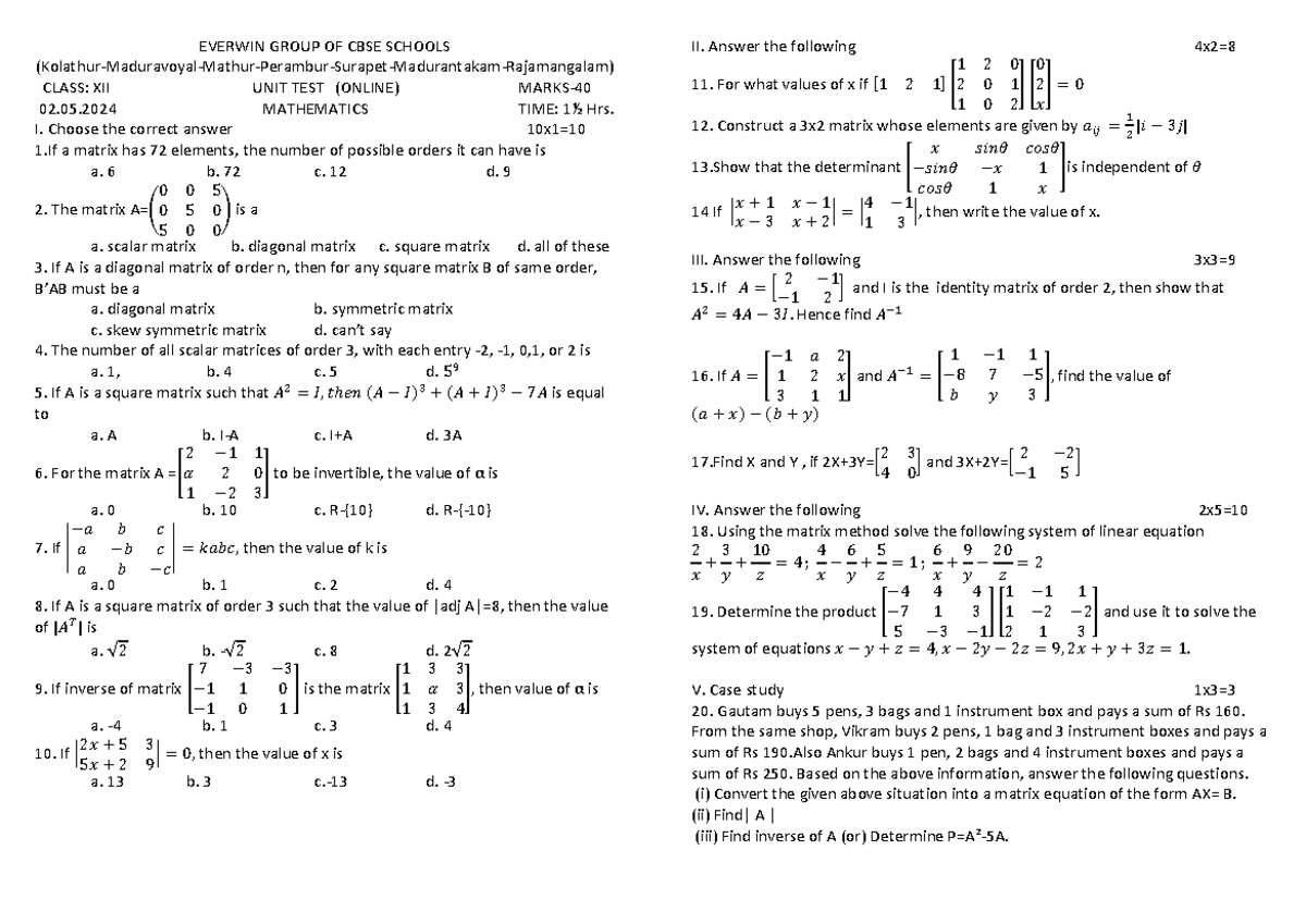 XII Mathematics UNIT TEST QP - EVERWIN GROUP OF CBSE SCHOOLS - Studocu