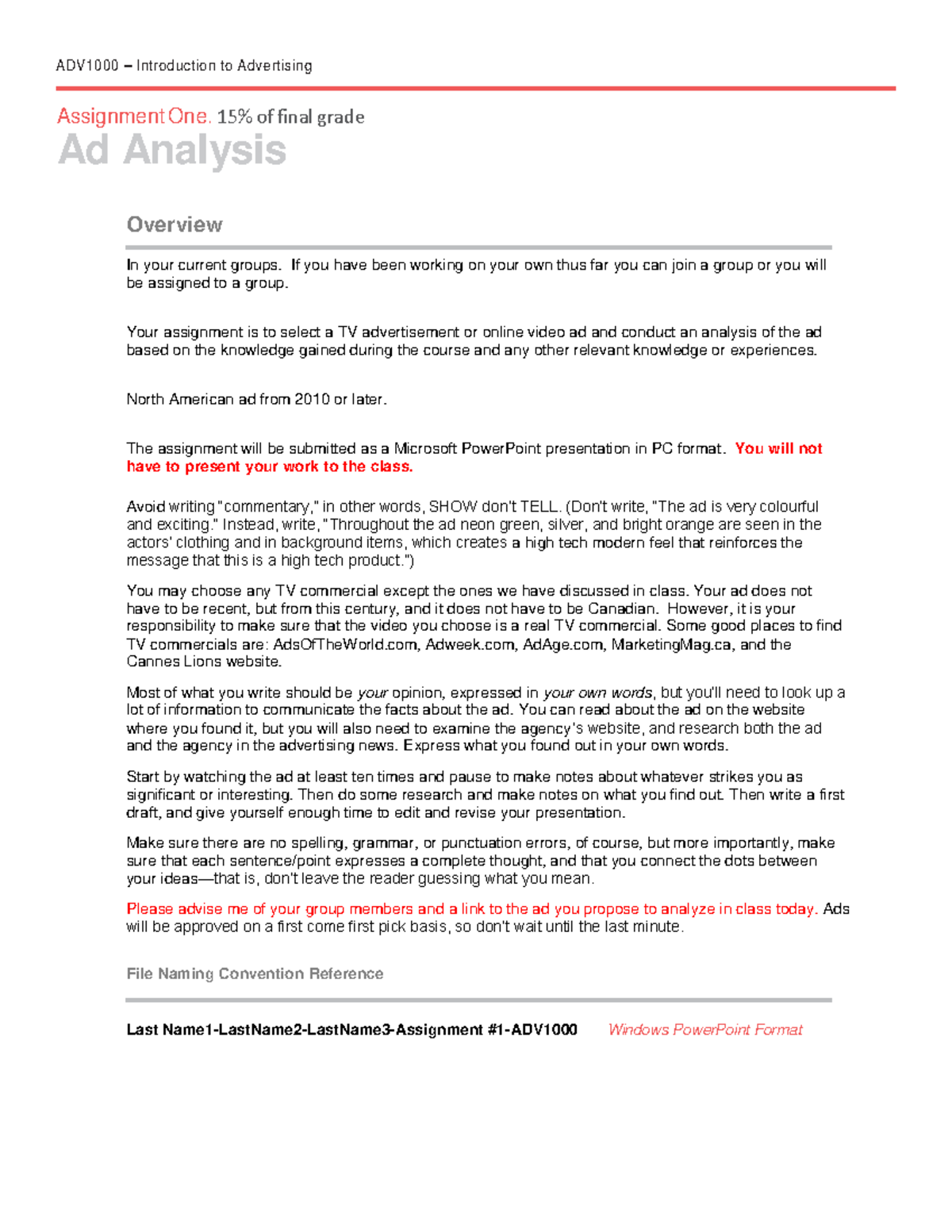 ADV1000 - Intro to Advertising - Assignment #1 Description & Rubric ...